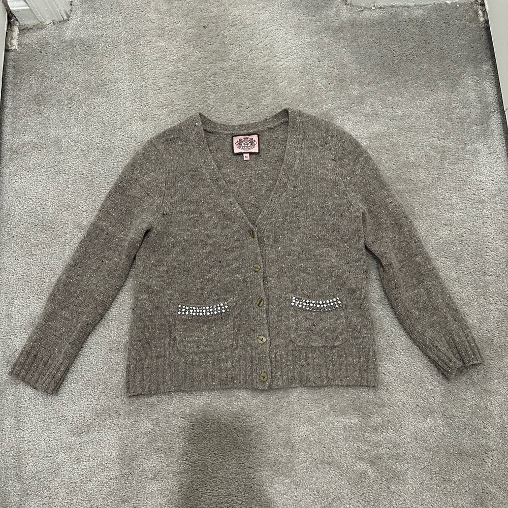 Juicy Couture Taupe/Brown Wool Soft Cardigan with Embellished Pockets Size M